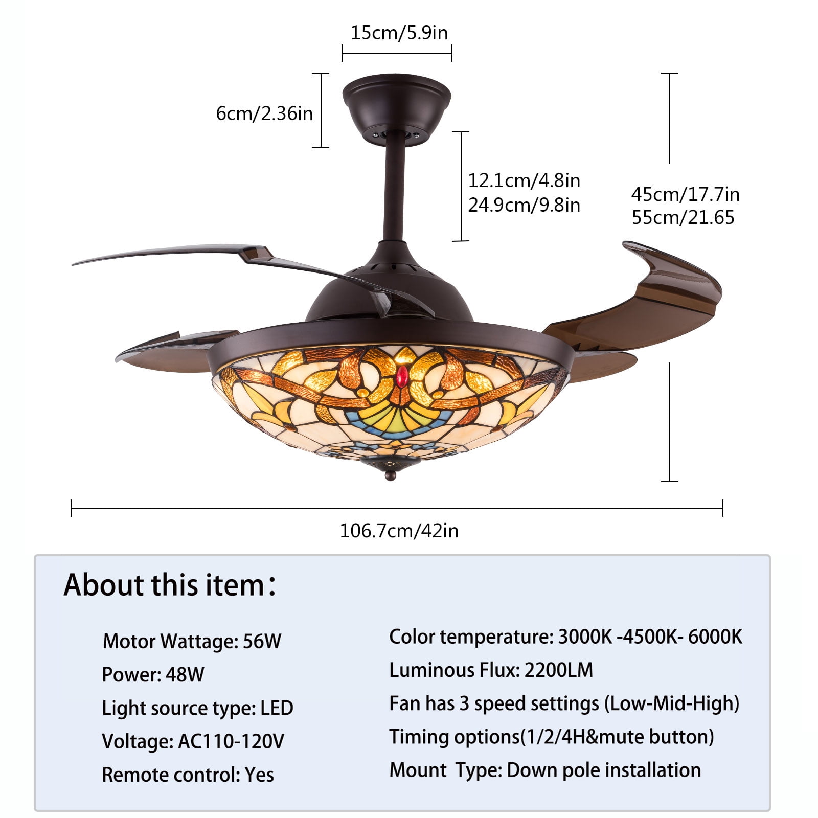 Wuzstar 42 Retractable LED Ceiling Fan Light 3-Color 3-Speed Chang Wuzstar 42 Retractable LED Ceiling Fan Light 3-Color 3-Speed Chang