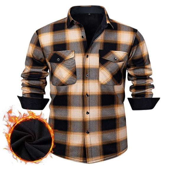 USNSM Men's Sherpa Lined Flannel Shirt Jacket Long Sleeve Button Up Fleece Plaid Shirt with Pocket Winter Warm Coats Orange M