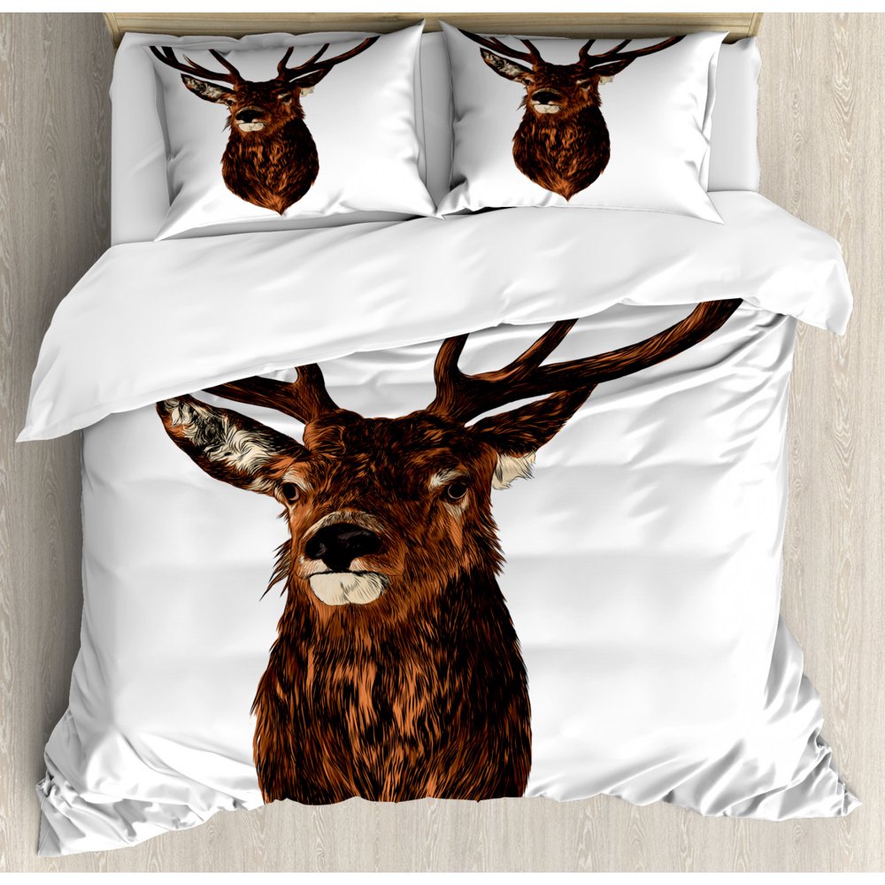 Deer Hunting Duvet Cover Set King Size, Stuffed Animal Head Rustic