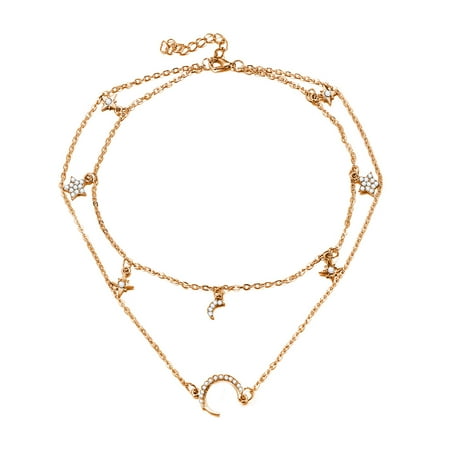 Moon Diamond Necklace Fashion Double-layer Embedded Diamond Star Moon Necklace Women Personality Jewelry Accessory ()