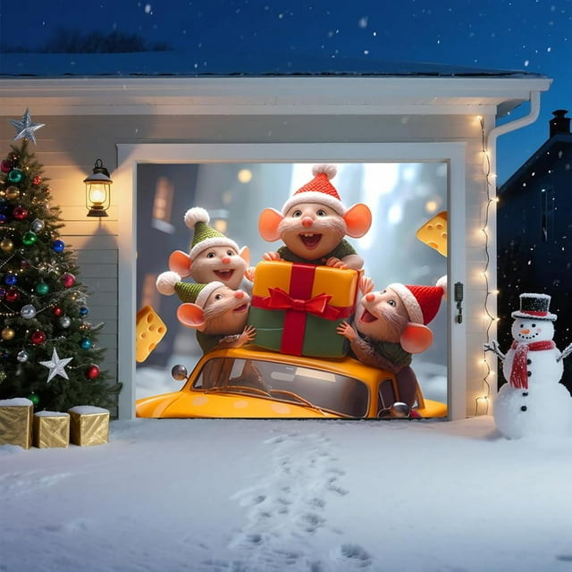 Adornos navideños, regalos navideños, pancartas navideñas para puerta de garaje, escena invernal con un pequeño ratón, cubierta grande impermeable y reutilizable para exteriores, ideal para fiestas en