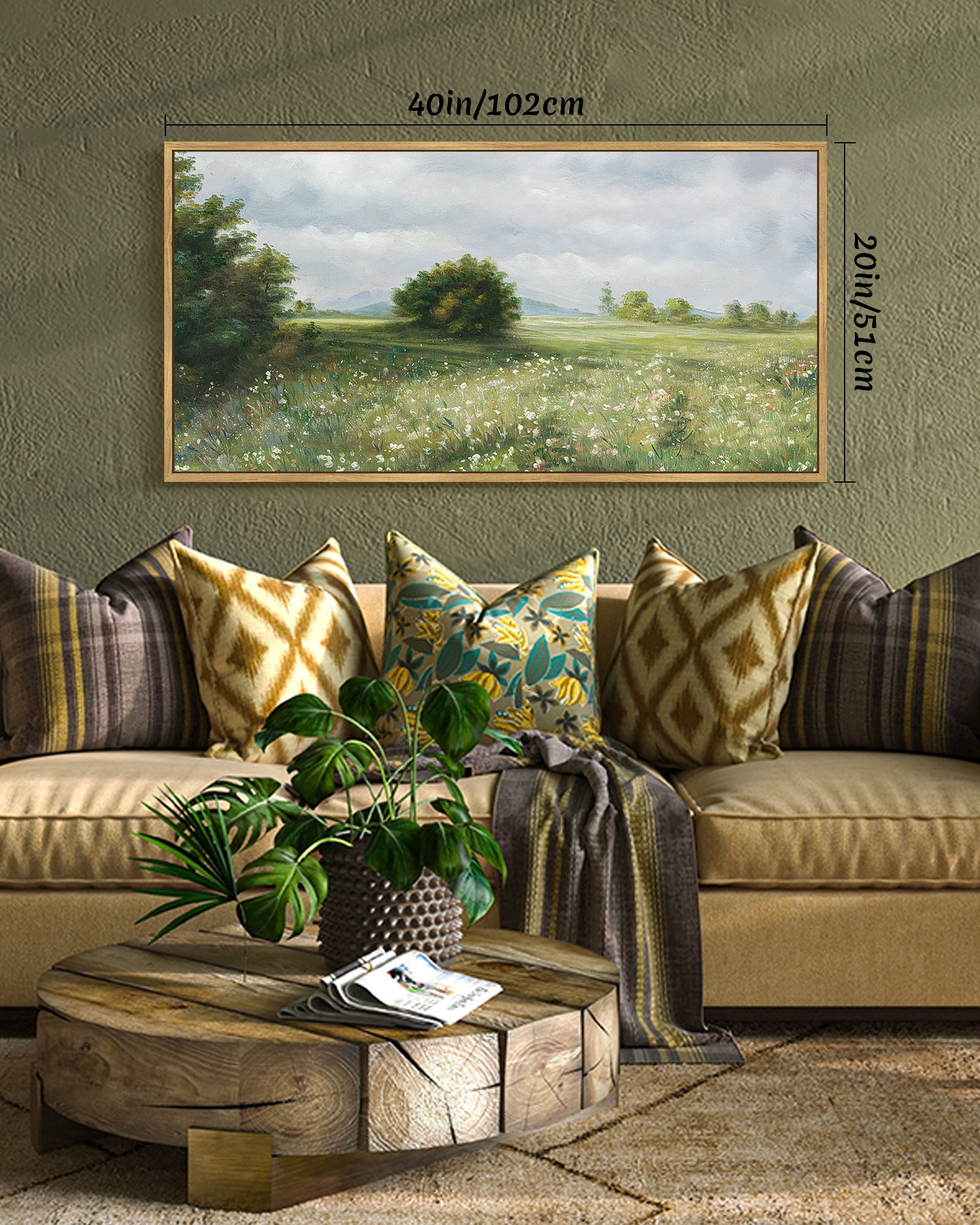 Drsoum Large 20x40in Natural Framed Vintage Landscape Wall Art Home Decor Grassland Classic Wall Prints Farmhouse Bedroom Office Decor