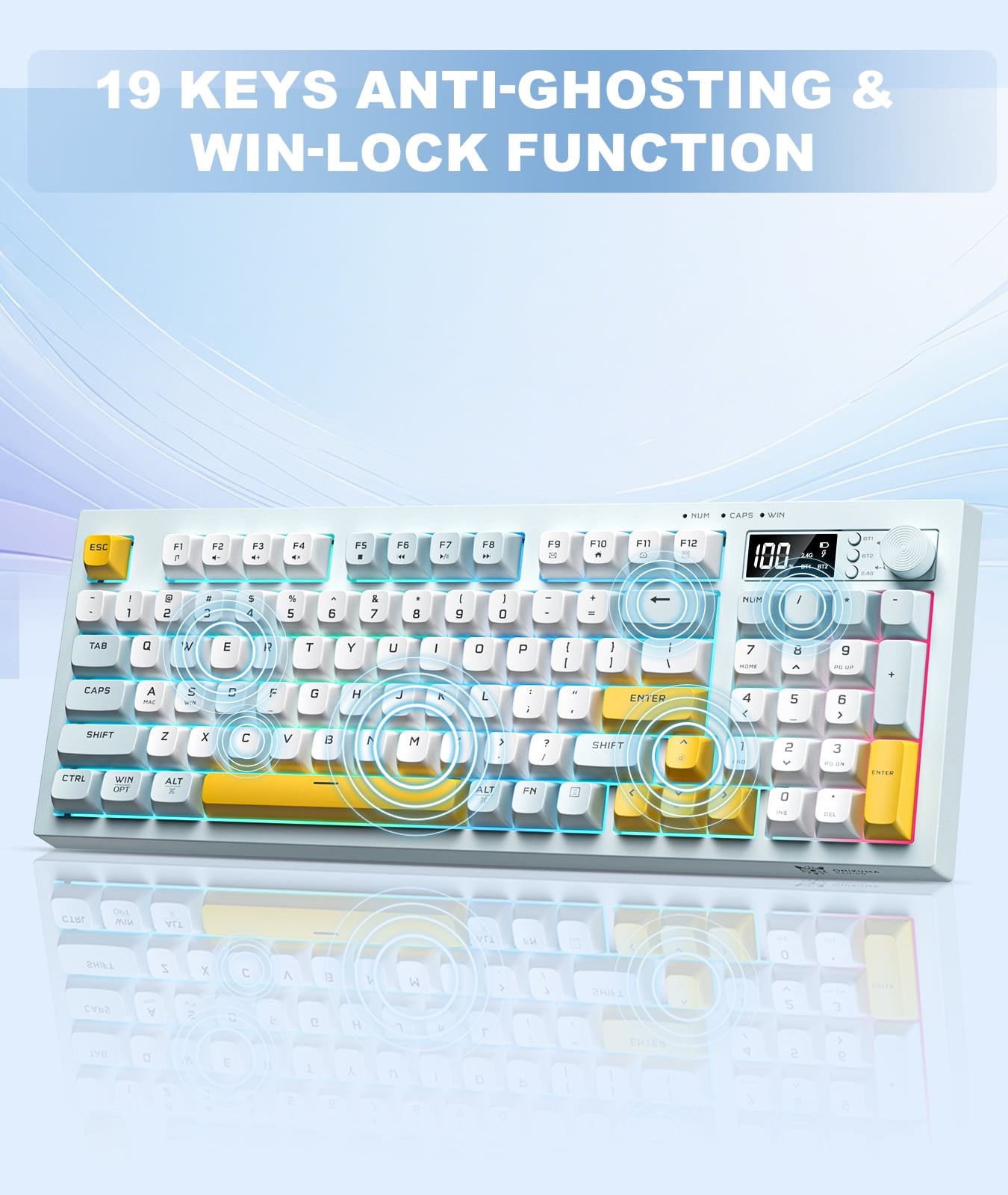 ONIKUMA 94-Key Tri-Mode Wireless Gaming Keyboard, Silent Membrane, RGB Backlit, Display Screen & Multimedia Knob for PC/Mac/Office