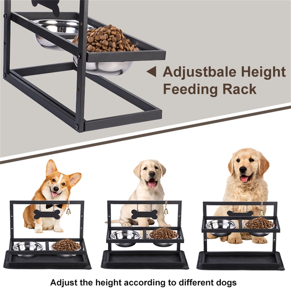Double Bowl Stainless Steel Pet Bowl Stand For Cats And Dogs Metal Feeder With Mat And Bell Food And Water Bowls For Pets