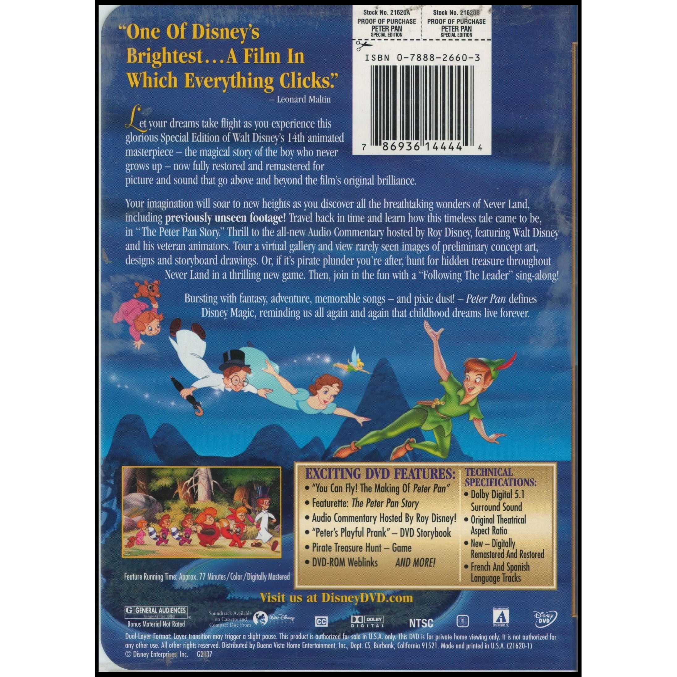 Peter Pan DVD, Disney Classic, Family Adventure Movie, G Rated