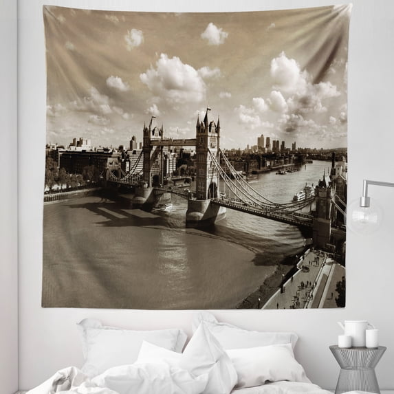 Travel Tapestry, Tower Bridge in London City Cloudy Sky Old Historic Cityscape Nostalgia England, Fabric Wall Hanging Decor for Bedroom Living Room Dorm, 5 Sizes, Sepia White, by Ambesonne