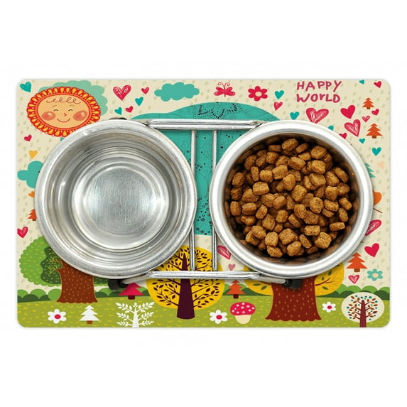 Elephant Pet Mat for Food and Water, Doodle Nature Forest Theme with Colorful Elephant Trees Sun and Leaves, Non-Slip Rubber Mat for Dogs and Cats, 18" X 12", by Ambesonne