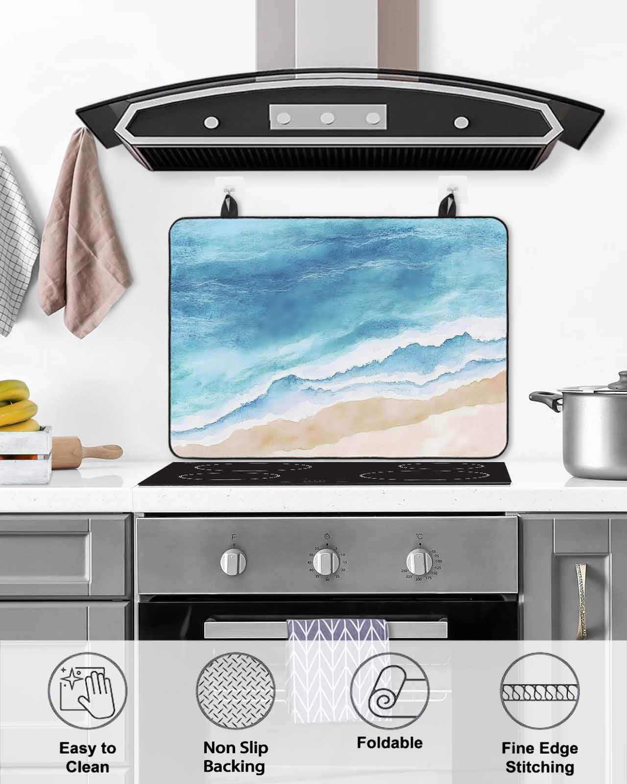 nqOlkjepod Large Induction Cooktop Protector Mat 24"x21", Blue Waves Stove Top Covers for Electric Stove, Gradient Beach Abstract Oil Painting Art Stove Burner Cover Mats, Glass Top Stove Cover