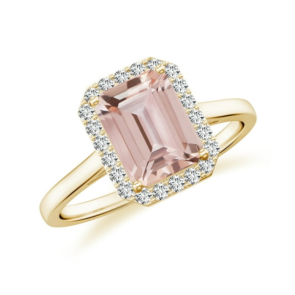 Natural Emerald Cut Morganite Halo Engagement Ring with Moissanite in Yellow Gold Plated/ 925 Sterling Silver| Birthstone, Birthday, Anniversary, Wedding Jewelry, Ring Size 5
