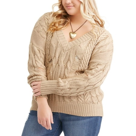 Poof Junior Plus Destructed V-Neck Cable Sweater