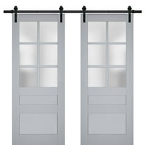 Sturdy Double Barn Door with Frosted Glass | Veregio 7339 Matte Grey | 13FT Rail Hangers Heavy Set | Solid Panel Interior Doors-56" x 80" (2* 28x80)-Black Rail