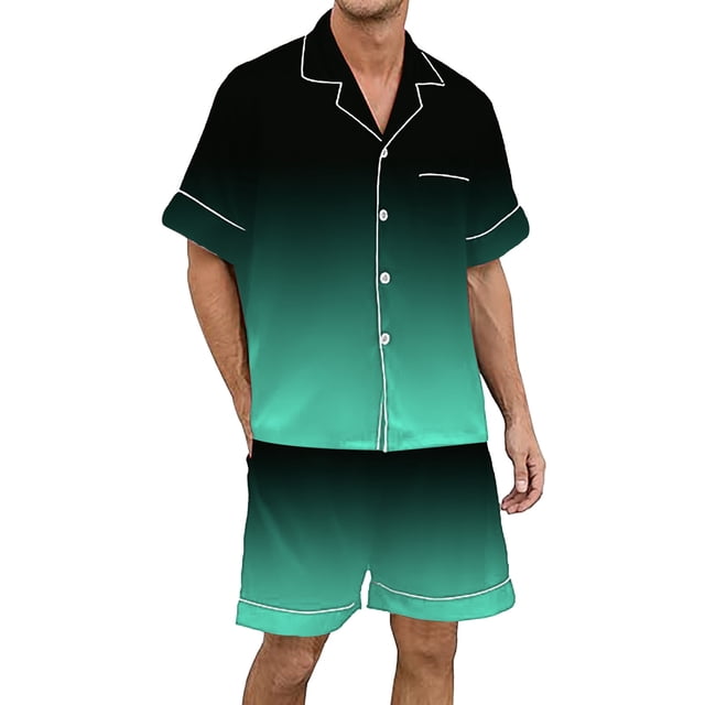 GPOECD Men's Sleepwear Plus Size Men's Gradient Multicolored Silk Satin Short Sleeve Button Up Home Wear Set Mens Pajama Set Green,XXL