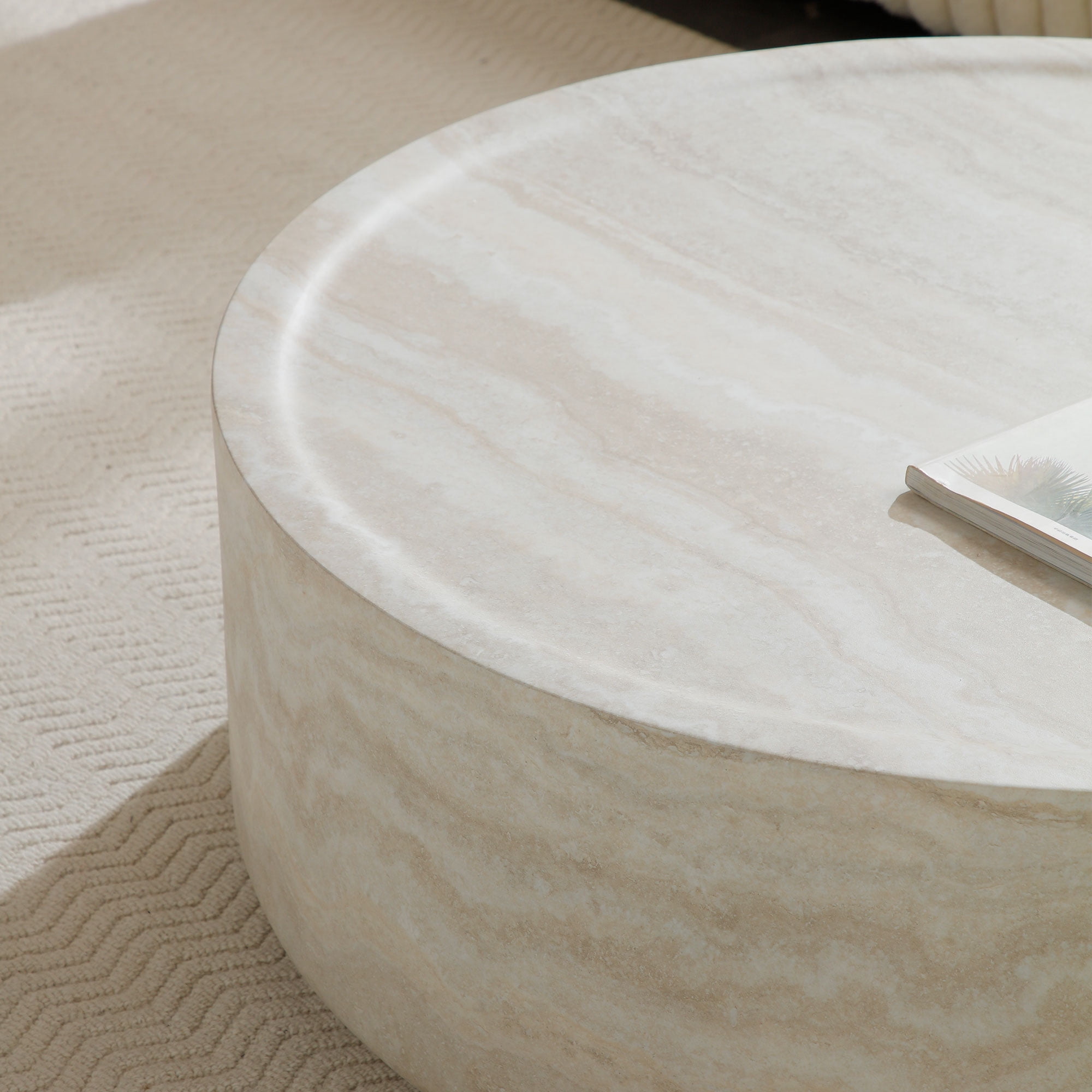 Kevinplus 35.43'' Round Coffee Tables, Tea Faux Travertine Textured Table for Living Room