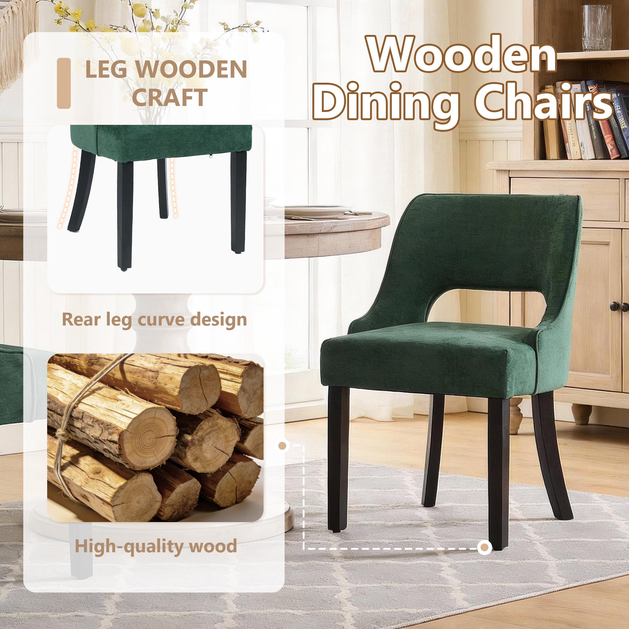 ClinQ Dining Chair,Morden Wood Leg Upholstered Kitchen Chair Set of 4, Darkgreen-Black Leg