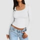 thumbnail image 2 of Tops ajustados para mujer: top corto de manga larga y cuello redondo, básico, ajustado, mezcla de poliéster, para entrenamiento/yoga/informal, tallas S-XL, 2 of 5