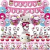 104 Pcs Hello Kitty Birthday Party Supplies, Kitten Party Decorations Include Birthday Banner, Latex Balloons, Cake Cupcake Toppers, Foil Balloon, Tablecloth and Stickers for Girls Party
