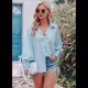 thumbnail image 5 of Camisas de Rayas con Botones para Mujer, Cuello Abullonado, Larga, Blusas Fruncidas Extragrandes con Bolsillo. Azul 5XL, 5 of 10