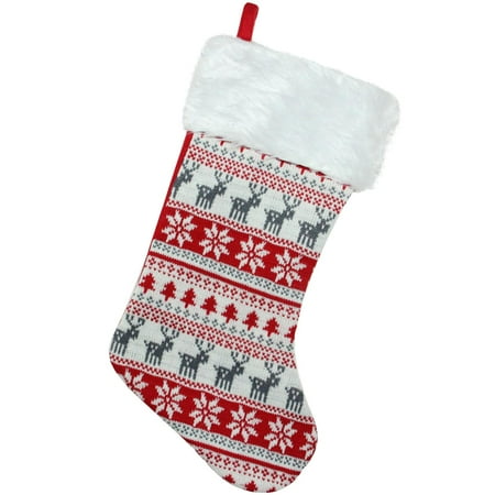 - Northlight Nordic Print with Faux Fur Cuff Christmas Stocking - Red/White