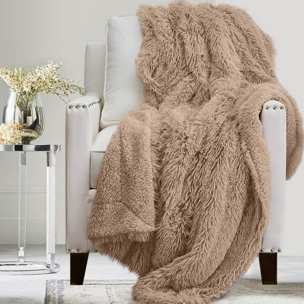 The Connecticut Home Company Throw Blanket Soft Plush Reversible Shag and Sherpa Warm Thick Throws for Bed Comfy Washable Bedding Accent Blankets for Sofa Couch Chair 65x50 Beige Walmart