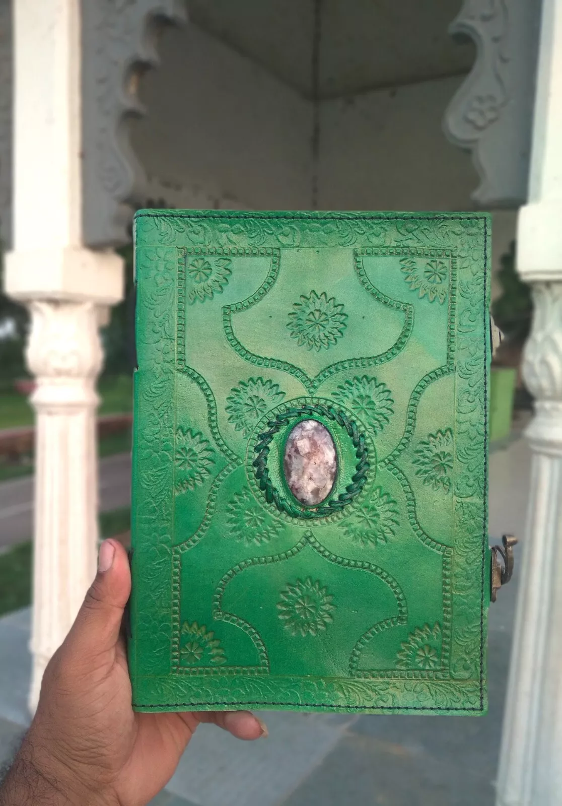 Handcrafted Embossed Design Vintage Leather Bound Journal Agate Stone Green Diary Blank Notebook For Men & Women