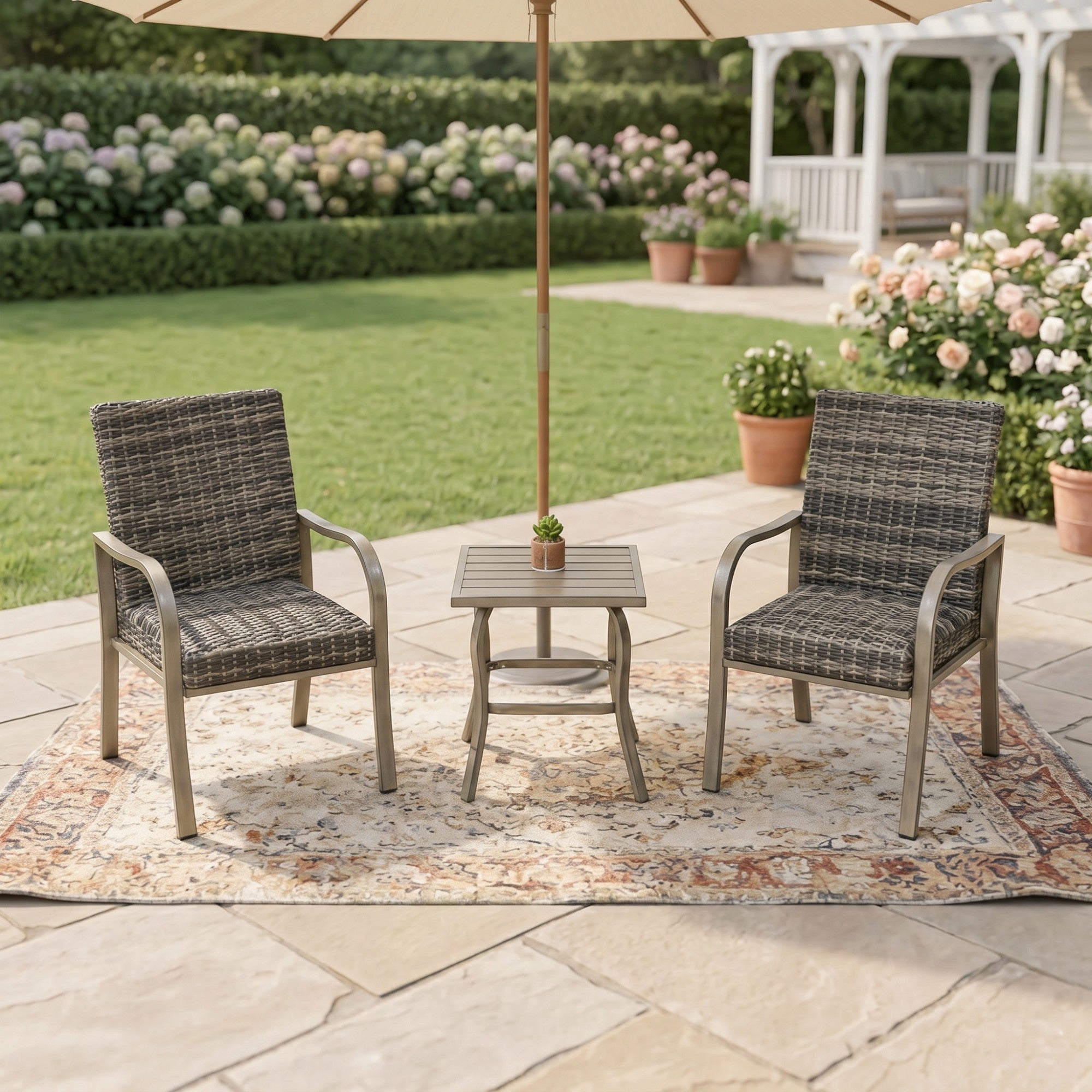 Sailvan Outdoor Dining Chairs, 2PC All-Weather Wicker/Metal Frame with Water Washed Cotton Seat