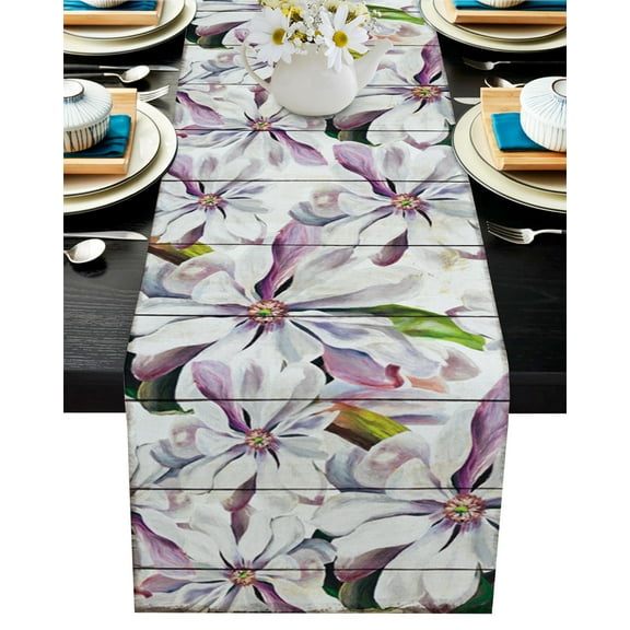Table Runner Dresser Scarf 13 x 70 Inch White Magnolia Flower Print Wood Grain Table Runners Non-Slip Heat Kitchen Dining Table Decor for Indoor Outdoor Home Party Decoration