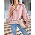 thumbnail image 3 of Womens 3/4 Bell Sleeve Button Down Shirts Casual Ruffle Hem Tops Eyelet Blouse Pink L, 3 of 6