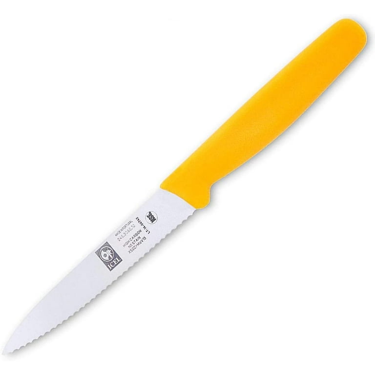 4 Inch Paring Knife, Serrated Edge, High Carbon German Stainless Steel  razor Sharp Blade, Yellow Handle, By ICEL. 