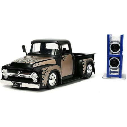 1956 Ford F-100 Pickup Truck Matt Black & Champagne w/Flames w/Extra Wheels "Just Trucks" Series 1/24 Diecast Model Car by Jada