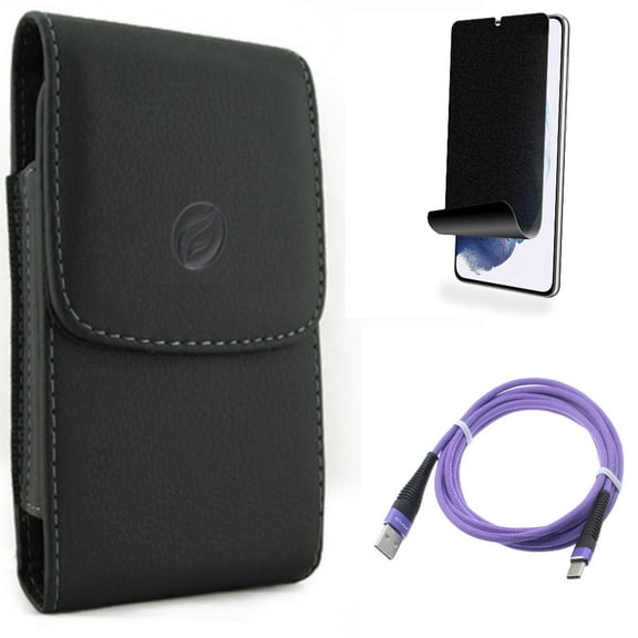 For Samsung Galaxy S21 (6.2") - Type-C Purple 6ft USB Cable   [Fingerprint Works] TPU Film Privacy Screen Protector   Holster Leather Case Belt Clip