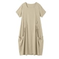 thumbnail image 5 of Women's Cotton Linen Crew Neck Midi Dress Short Sleeve Loose Casual Long Dress with Drawstring Waist Side Pockets Beige XXL(XXL), 5 of 6