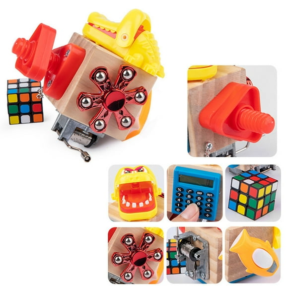 Busy Board Multifunctional Building Blocks 7-in-1 Lock Box Cognitive Enlightenment Music Function and Calculator Wooden Building Block Puzzle Game Basic Skills Learning (Type 02)