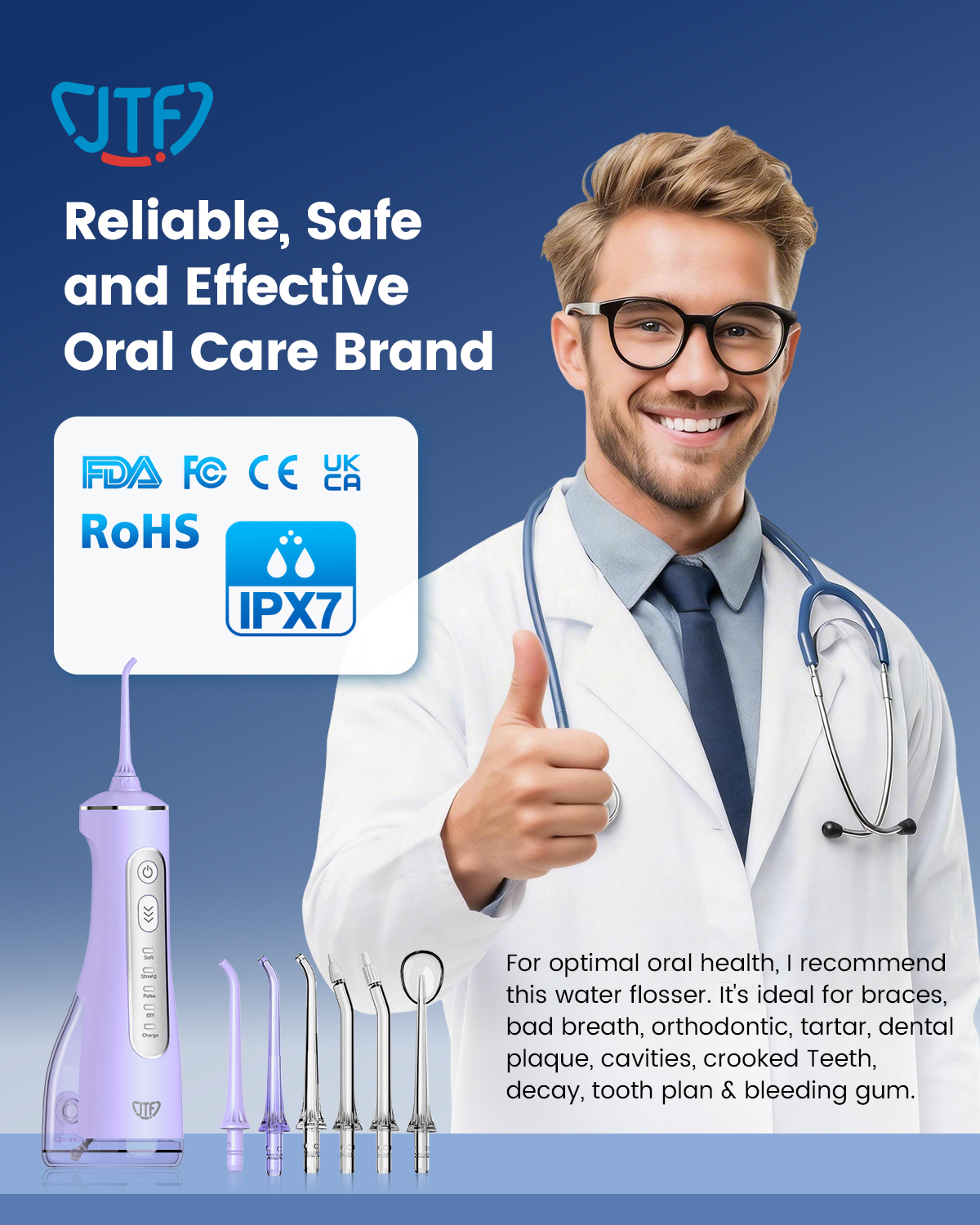 JTF Irrigador Dental Inalámbrico para Dientes: 3 Modos y 10 Niveles de Presión DIY, Irrigador Oral Portátil para Brackets y Encías Sensibles con 9 Puntas y Tanque de 300ml, Limpiador Dental Eléctrico Recargable para Hogar y Viajes 6