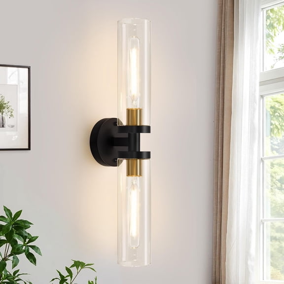Wall Sconces Set, 22" Black Gold Bathroom Sconces with Clear Glass, Hardwired Modern Wall Light Fixtures for Mirror Living Room Hallway Bedroom