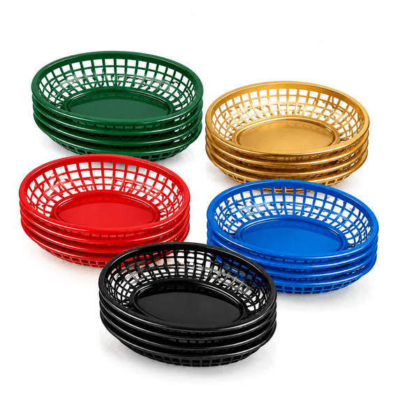 Elmory 20-pack 9.65x6.1 inch oval plastic fast food baskets for serving, reusable hot dog baskets & deli baskets for party, picnic & restaurant (mixed colors)