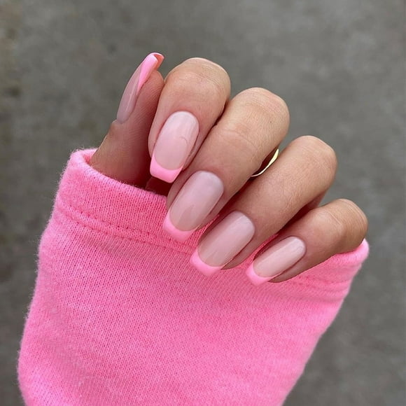 Fofosbeauty 24Pcs Short Square Fake Nails False Nails Glossy Press on Nails for Women and Girls, Square French Pink Nude