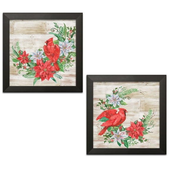Gango Home Decor Country-Rustic Holiday Decor | Red, Green & Brown Cardinal & Poinsettia Floral by Paul Brent (Ready to Hang); Two 12x12in Black Framed Prints