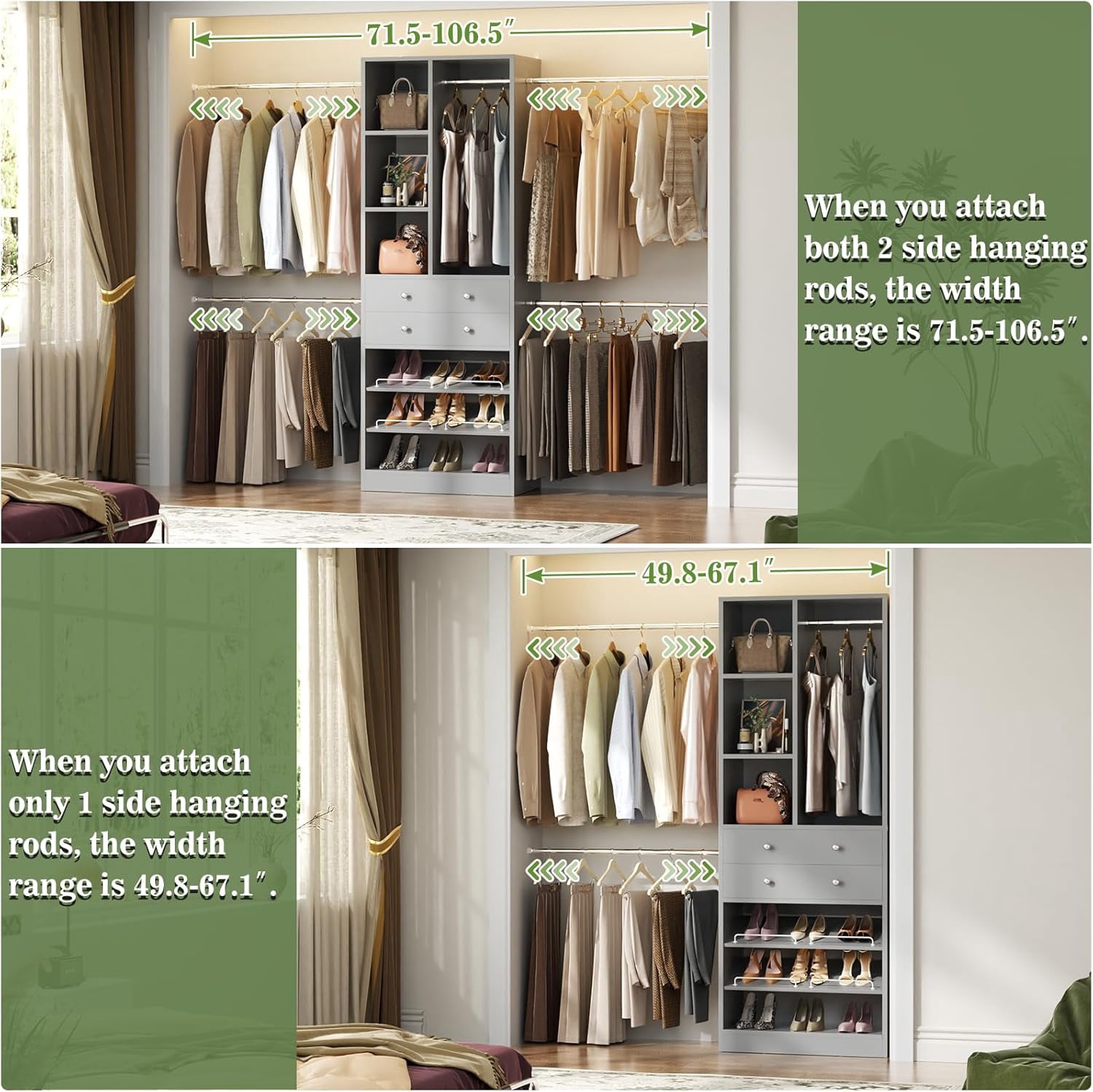 Homieasy Closet System, 2.4–8.8 FT Closet Organizer System with 2 Drawers, 5 Hanging Rods and Shoe Racks for Walk-in Closet, Bedroom, Gray