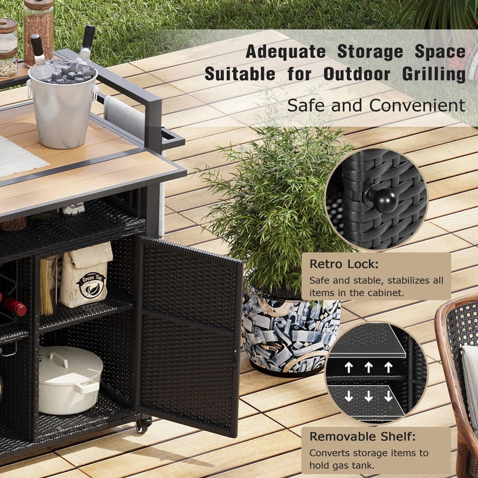 Outdoor Kitchen Island with Extended Plastic Wood Table Top, Wicker Outdoor Grill Cart with Storage Cabinet and Wine Rack for Patio Backyard