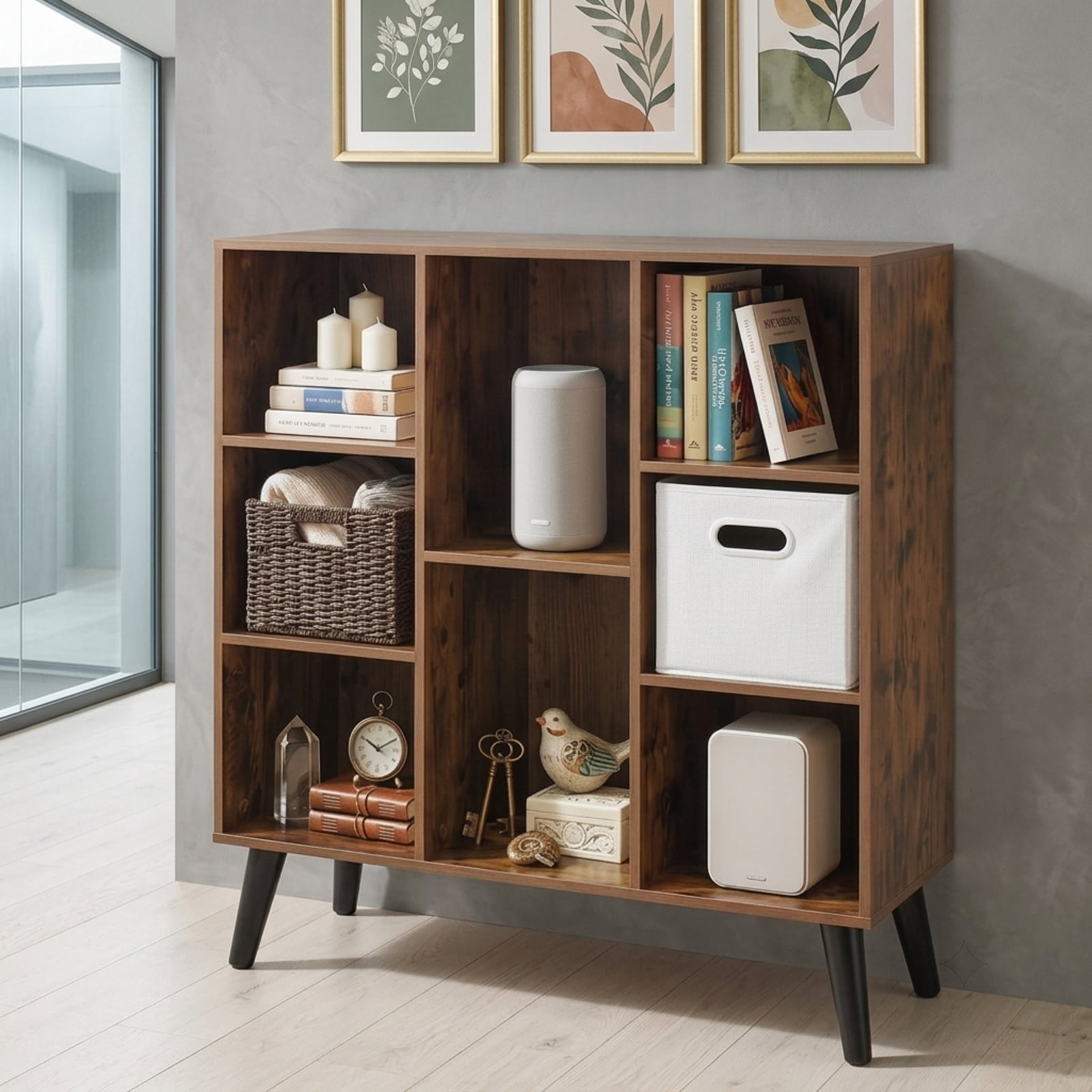 Furnibear 8-Cube Bookcase with Raised Support Legs and Anti-Tipping Kits Freestanding Wood Storage for Living Room and Study, Rustic Brown