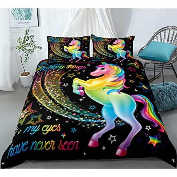 Merryword Rainbow Unicorn Bedding Cartoon Stars Duvet Cover Set Rainbow Letters And Magical Unicorn Pattern Teens Kids Boys Girls Bedding Sets Queen 1 Duvet Cover 2 Pillowcases Queen Unicorn 9 Walmart Com Walmart Com