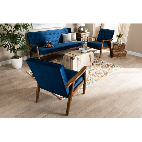 Baxton Studio Sorrento Mid-century Modern Navy Blue Velvet Fabric Upholstered Walnut Finished 3-Piece Wooden Living Room