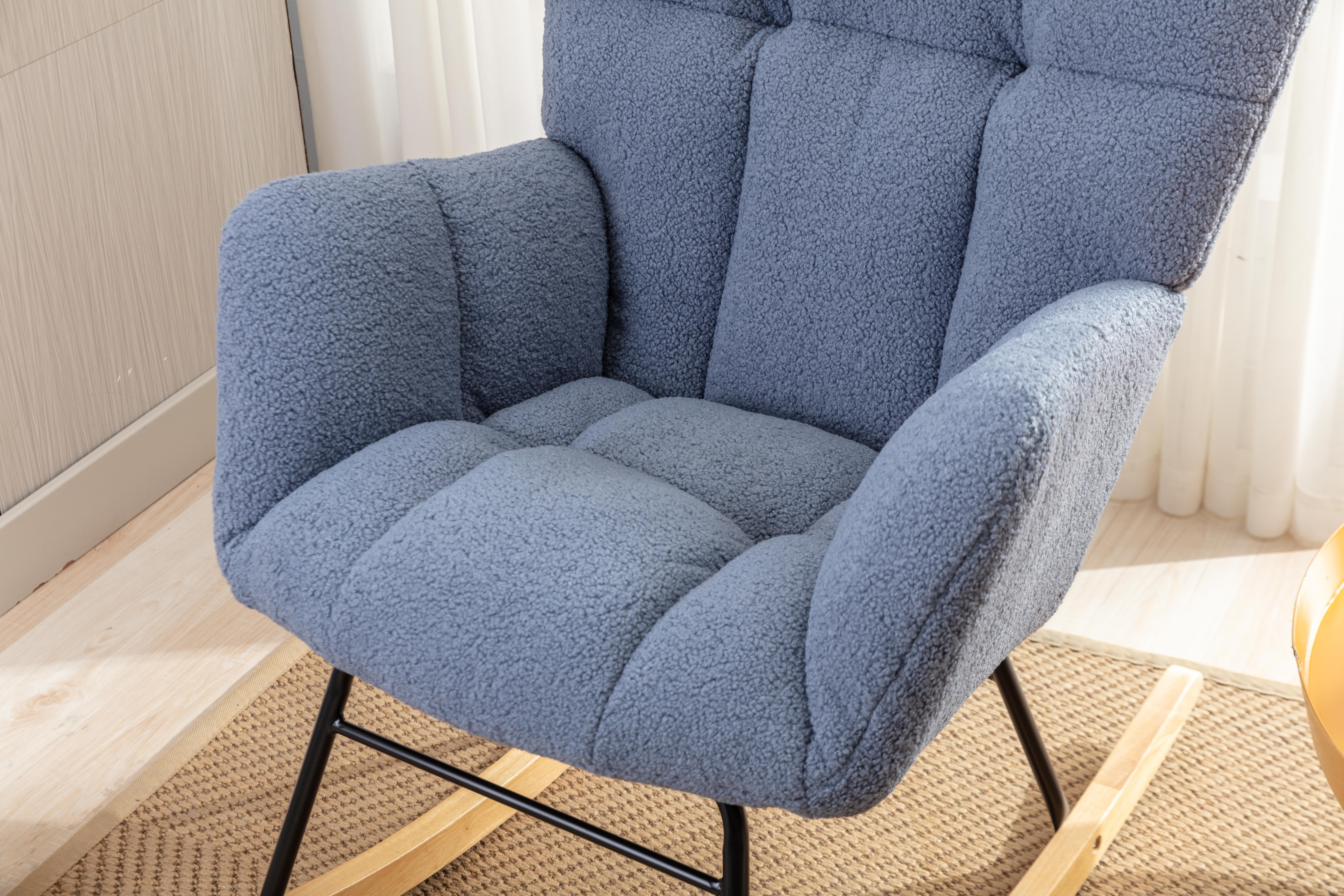 JXXRZ Nursery Rocking Chair, Oversized Teddy Plush Rocker with Modern Upholstered High Back and Solid Wood Legs, Light Blue