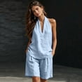 thumbnail image 4 of Women Linen Sets 2 Piece Outfits, Minimalist Halter Neck Top and High Waisted Wide Leg Short Pants Travel Matching Set, 4 of 6