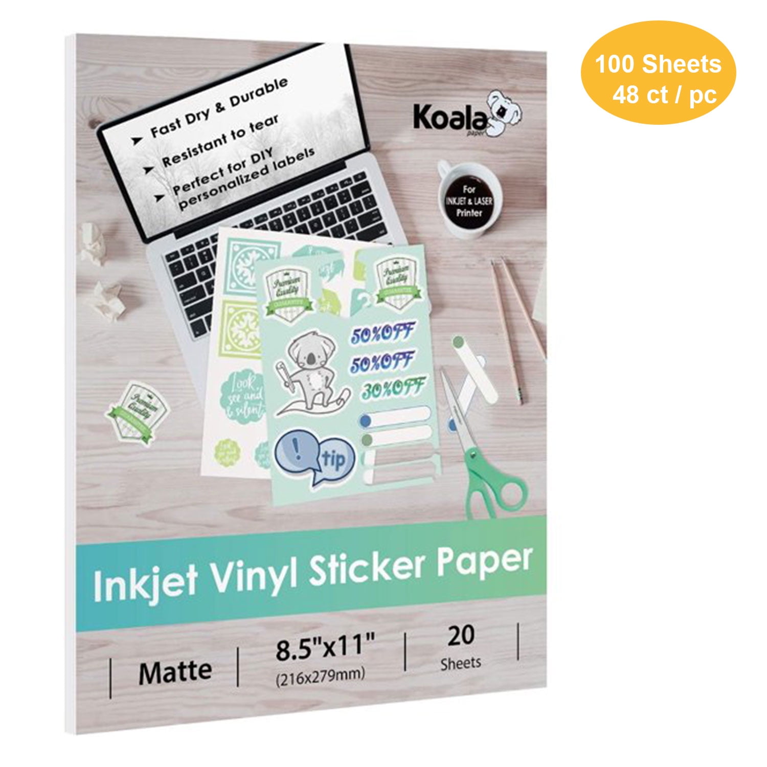 Koala Printable Vinyl Sticker Paper for Inkjet Printer - Frosty Clear  Sticker Paper - 20 Sheets Waterproof Sticker Printer Paper - Tear and  Scratch
