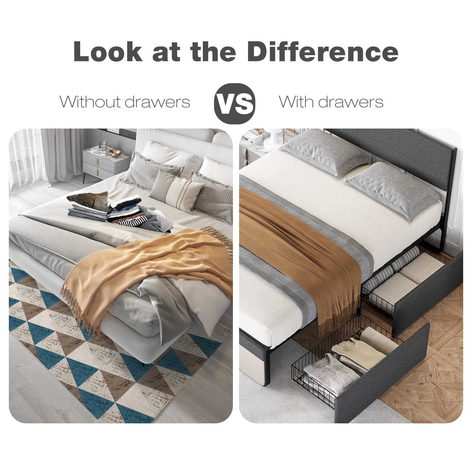 Full/Queen Size Bed Frame with 2 Storage Drawers, Upholstered Platform Bed Frame with Headboard, Mattress Foundation with Steel Slats Support, No Box Spring Needed