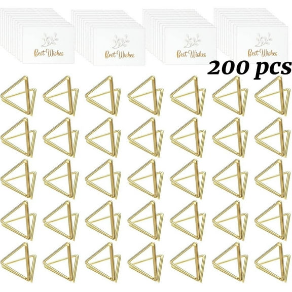 100 Pcs Place Card Holder Triangle Shape Table Number Holder Wedding Table Card Holders Mini Name Card Holder Place Setting Holder Picture Clips Stand for Centerpiece Anniversary Party(Gold)&100 Cards