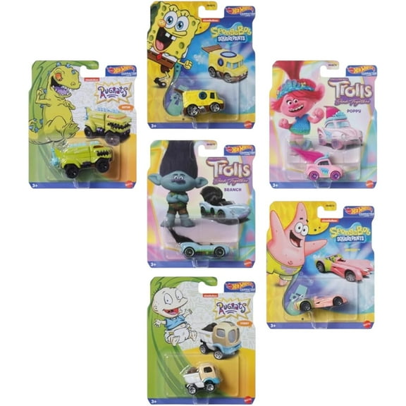 Hot Wheels Character Cars with Spongebob Squarepants Trolls Rugrats Set of 6 Diecast Vehicles HHB74-956P
