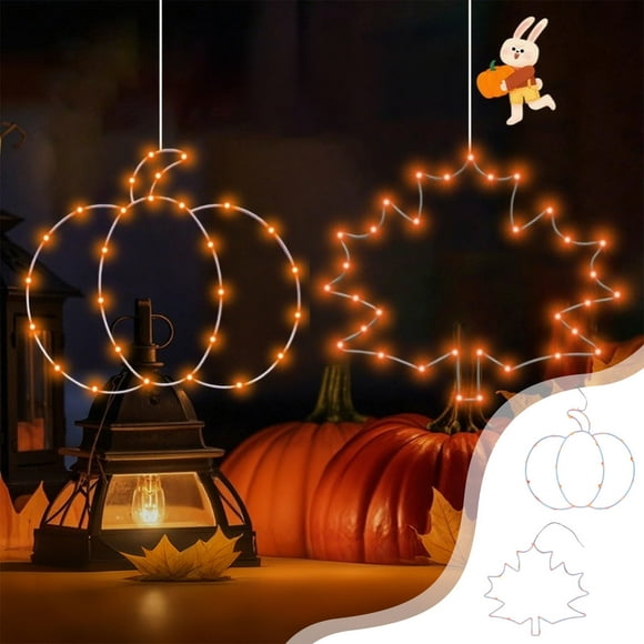 Juego de dos luces de ventana con forma de calabaza y hoja de arce brillante forjadas en hierro para Acción de Gracias y Halloween, decoración para interiores y exteriores del hogar
