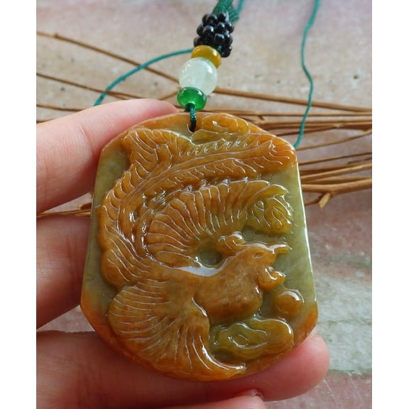 Certified Yellow Green Burma Natural A Jade jadeite Pendant Phoenix Necklace 586242 TN